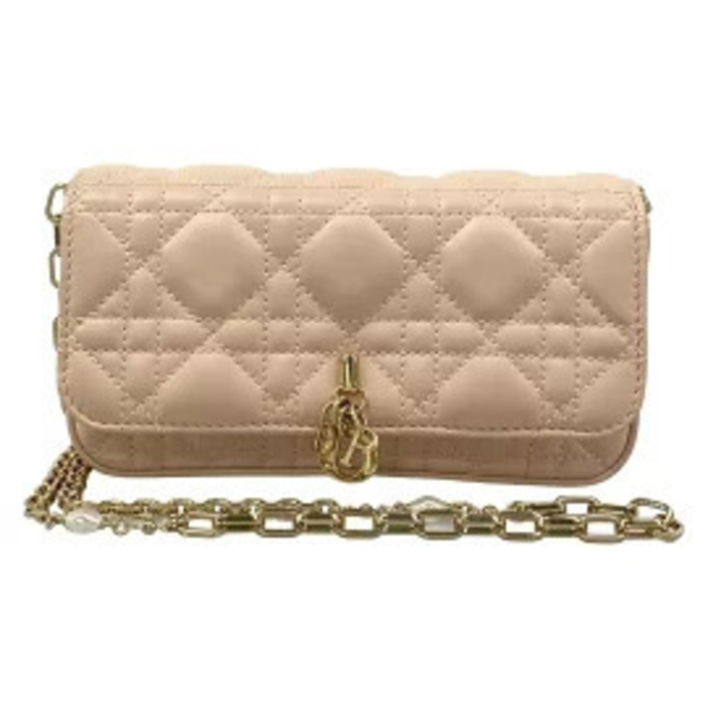 Christian Dior My Talk Phone Bag Chain Pouch Leather Shoulder Bag Beige Pink